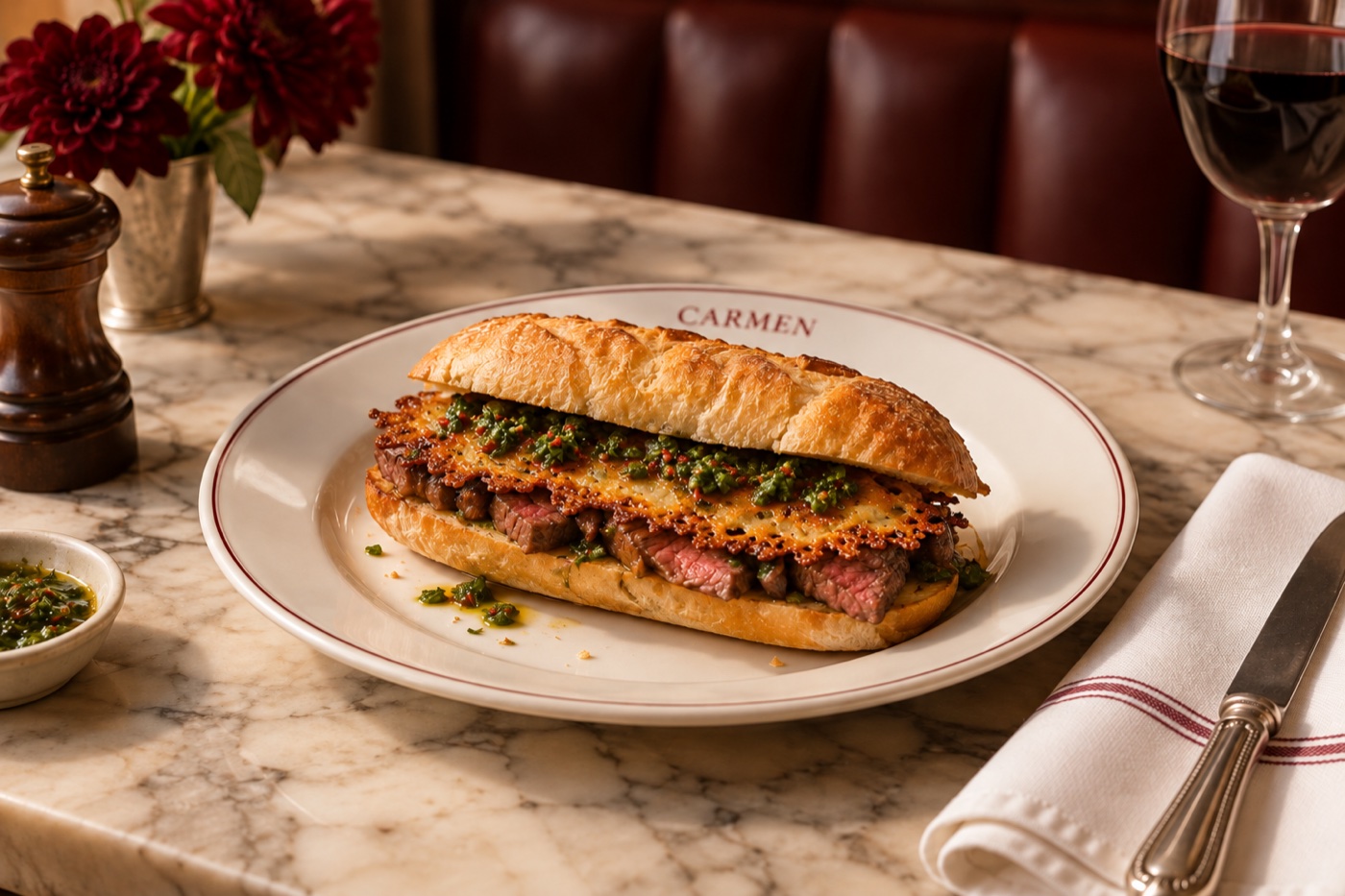 Generated Asado Sandwich concept with sliced grilled beef, provoleta and chimichurri