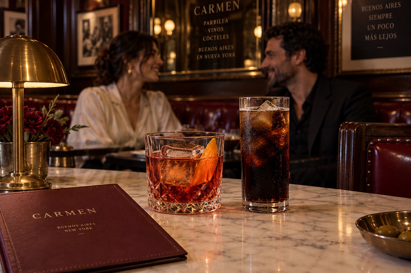 Generated CARMEN Negroni and Fernet cola with adult guests in the background