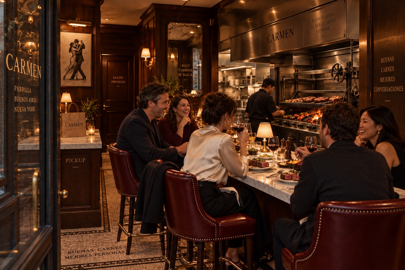 Generated chic adult guests sharing steak and wine at CARMEN counter