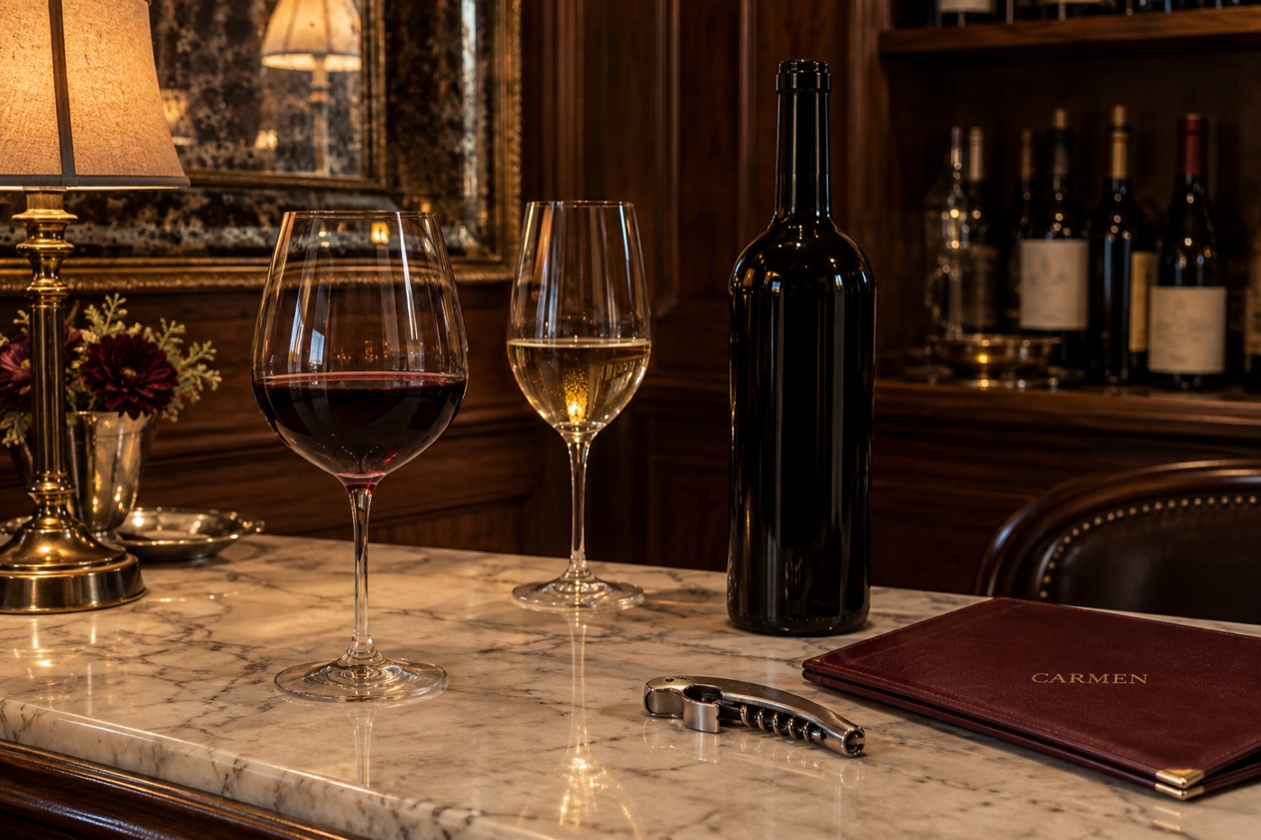 Generated CARMEN wine service with red and white wine, marble and a leather wine list