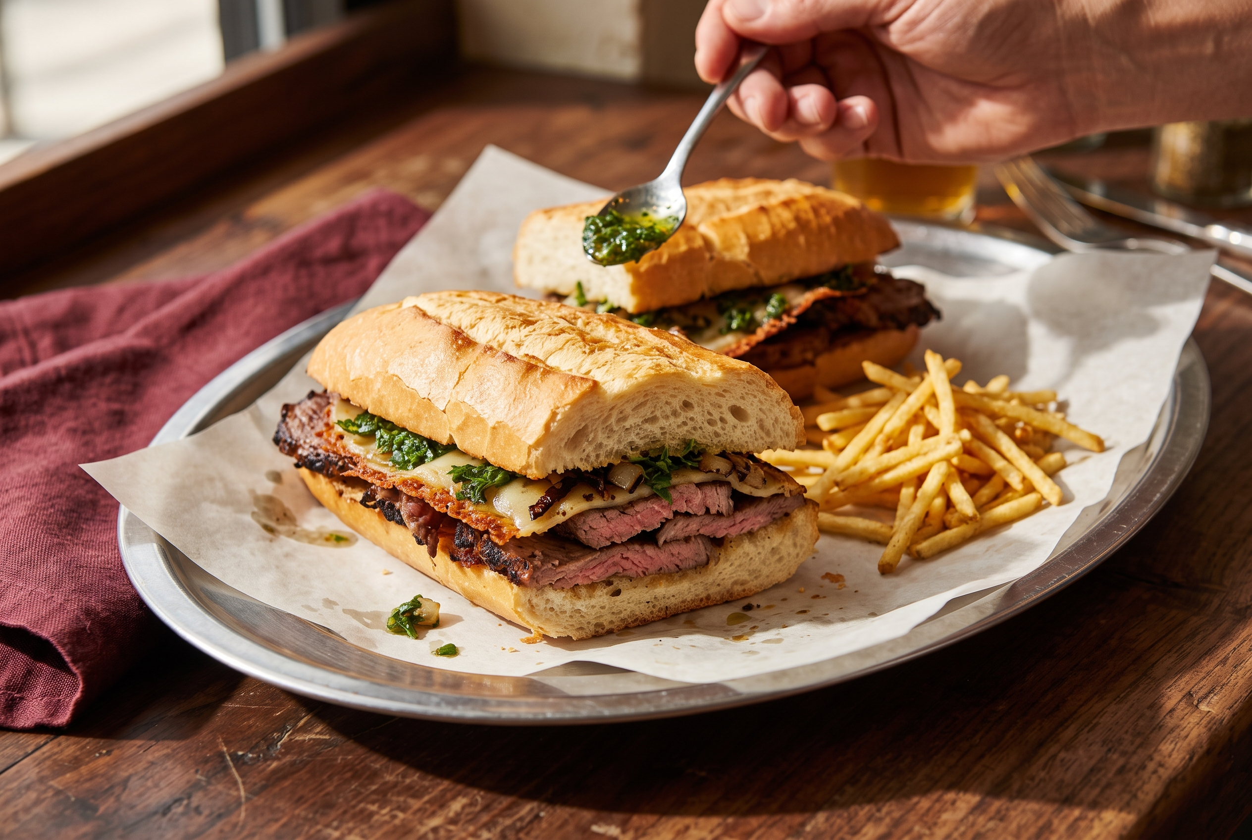 Generated Asado Sandwich concept with sliced grilled beef, provoleta and chimichurri